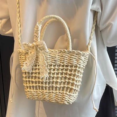 Sac Tissé Fait Main Sac de Plage Tissé en Paille Tendance pour Femmes Sac à Main Bandoulière pour Femmes Fille Japonaise beige