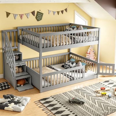 VVBV Houten Stapelbed 140x200 cm met Lades, Trap/Ladder - Voor Kinderen/Tieners, Opbergruimte - Hout Grijs