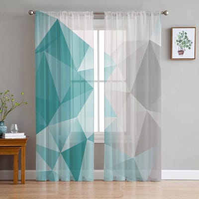 Abstracte Verloop Blauw-Groen Grijs Driehoek Raam Tule Gordijnen voor Woonkamer Slaapkamer Hotel Luxe Decoratie Transparante Gordijnen 135W x 114H(cm) blue