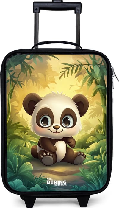 NoBoringSuitcases.com® - Kinderkoffer jongen - Kindertrolley meisje - Panda - Bamboebos - Groen - Koffer kind lichtgewicht - Reiskoffer trolley voor kinderen - Koffertje met lichtgevende wieltjes - Rolkoffer zwart