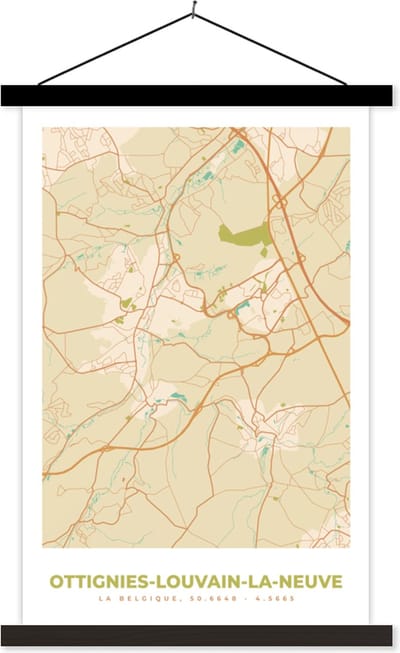 Posterhanger incl. Poster 40x60 cm - Schoolplaat - Stadskaart - België - Ottignies-Louvain-la-Neuve - Kaart - Plattegrond - Textielposter - Zwarte latten - Stadskaart