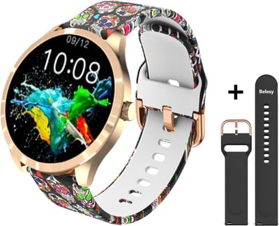 Belesy® BQSiRgSk Pro Skull - Smartwatch Dames – Smartwatch Heren - Horloge - 1.28 inch - Kleurenscherm - Stappenteller - Bloeddruk - Hartslag - 75+ Wijzerplaten – Sporten – Rose goud – Staal - Siliconen – Skull - Zwart - Kerstcadeau