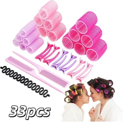 33-delige set - Zelfklevende haarkrulspelden - Volumegevende stylingtools - Krultang - 4,5*6,3 cm - Geschikt voor lang, medium, kort, dik en fijn haar, voor het creëren van volumineuze kapsels - Roze, Paars