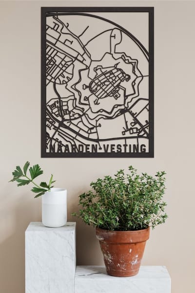 Houten Stadskaart Naarden-Vesting Zwart Mdf 50x70cm Wanddecoratie Voor Aan De Muur City Shapes
