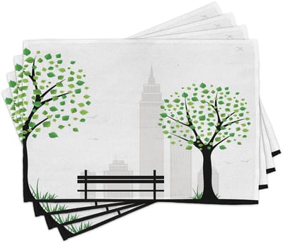 ABAKUHAUS Blad-placematten: Minimalistische stadsfiguren met eenvoudige lijnen en bladpatronen in Boho-designprint, tafeldecoratie van kleurvaste stoffen voor eetkamer en keuken, zwart-groen