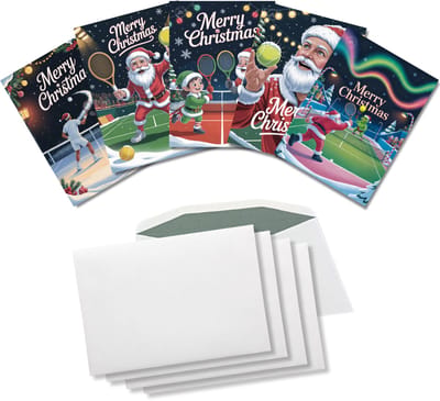Inspra Studio – Luxe Kerstkaarten met Enveloppen – 5 Stuks – Tennis Wenskaarten – Artistieke Sportieve Illustraties met Winterse Sfeer