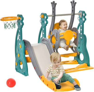HOMCOM glijbaan en schommel voor kinderen 4 in 1, peuter speeltuin met basketbalring, glijbaan, schommel, zitje