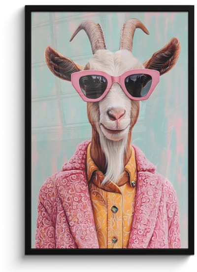 Poster in lijst - Fotolijst 60x90 cm - Posters - Zonnebril - Roze - Geit - Horen - Posterlijst zwart - Decoratie - Wanddecoratie woonkamer - Muurdecoratie slaapkamer