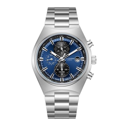 Lee Cooper LC08214.390 - Horloge - Polshorloge - Analoog - Heren - Mannen - Stalen band - Metaal - Rond - Strepen - Cijfers - Datumaanduiding - Dagaanduiding - Dual time - 12/24- Chronograaf - Zilverkleurig - Donkerblauw - Wit - Zwart