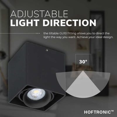 HOFTRONIC Esto - Plafondspot opbouw - Zwart - Kantelbaar en Dimbaar - Verwisselbare GU10 Spot - 4000K Neutraal wit - 5 Watt 400 lumen - 95x95x105mm - IP20 voor woonkamer, slaapkamer en gang - Plafondverlichting binnen