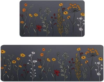 Set van 2 Keukenmatten met Wilde Bloemen en Zonnebloemen - Minimalistische Rubber Tapijten, Antislip, Ideaal voor Keuken en Hal, 43x76-120cm Geel/Rood