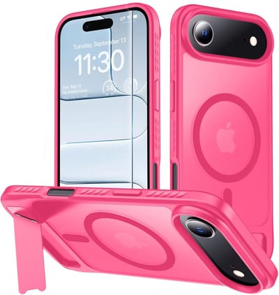 Hoesje Geschikt voor Apple iPhone Air - Neon Roze - Casemania Magnetisch Matte Armor Back Cover met Kickstand - Geschikt voor MagSafe Draadloos Opladen - Telefoonhoesje met Handsfree Standaardfunctie