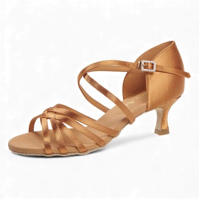 Latin Wedstrijd Dansschoenen Dames - DanceArt Katja - Dark Tan Satijn - Suede zool - Reguliere Breedte - 5 cm Flare Hak - Ultieme stabiliteit - Elegante look - Pin gesp - Latin, Salsa, Bachata, Stijldansen - Diamant - Beige - 38