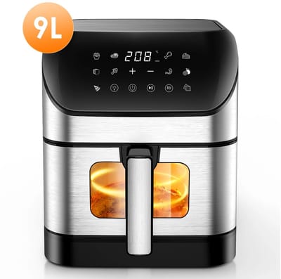 LUMÈ STORE airfryer XXL - 9 Liter - Heteluchtfriteuse - 10 Kookprogramma's - 1800W - Vetarm koken - Touchscreen - Zilver