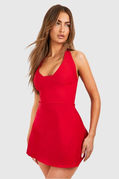 boohoo Dames Bengaline Plunge A-lijn Mini Jurk | Rood | Maat: 38