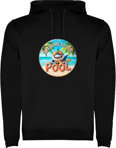 Zwarte hoodie Kleurrijke Haai Welcome to our Pool met gitaar - Welkom in ons zwembad - Haai met Zonnebril - Lachen - Humor Maat M