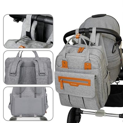 Luierrugzak, luiertas, rugzak met uitneembaar verschoningsmatje en wandelwagenbevestiging, grote babytas voor onderweg Grijs