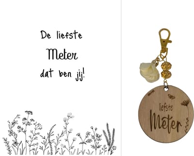 Sleutelhanger en kaartje liefste Meter | beige | bloemen | jij bent de liefste | liefste meter | moolste peter | cadeau