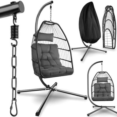 Luxe opvouwbare hangstoel eivormig met standaard, dikke kussens, antislipvoeten, beschermhoes, donkergrijs