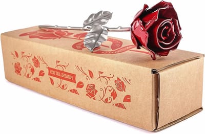 Eeuwige Roos - Smeedijzeren Bloem - Cadeau Verrassen - Handgesmeed Vakmanschap - 21H centimeter - Rood Zilver