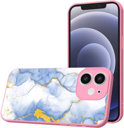 Smartphonica Telefoonhoesje Geschikt voor iPhone 12 met Lichtblauw Goud Marmer opdruk - TPU Back Cover Case Lightblue Gold Marble Design - Roze geschikt voor iPhone 12