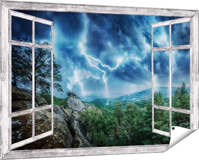 Gards Tuinposter Doorkijk Onweer in het Bos - Bliksem - 150x100 cm - Tuindoek - Tuindecoratie - Wanddecoratie buiten - Tuinschilderij
