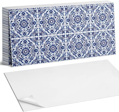 Coloray Plaktegels - Bloemenpatroon met ornamenten Zelfklevende Wandtegels - 40 cm x 20 cm - Blauw Plaktegels - 10 stuks - Rechthoek PVC Tegels - Plaktegels Badkamer - Vloertegels Zelfklevend - Vinyltegels Vloer Zelfklevend - Portugese Tegels
