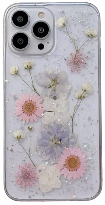 Mooi Iphone 14 telefoonhoesje met gedroogde bloemen in zachte tinten