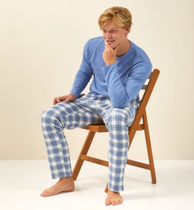 Little Label - heren pyjama-set grote blauwe ruit XXL/54 - Zachte BIO Katoen