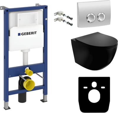 Inbouwreservoir Complete Toiletset Geberit Duofix Basic - Inbouw WC Hangtoilet Wandcloset SINTO BLACK Zwart Mat - Bedieningsplaat DELTA Chroom Rund - Voorwandelement - Installatiesysteem