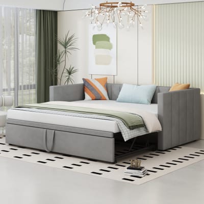 Uitklapbaar Gestoffeerd Bed 90/180x200 cm, Multifunctioneel Slaapbankbed met Lattenbodems, Huidvriendelijke Fluweelbekleding, Grijs