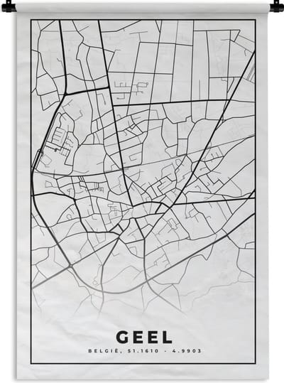 Wandkleed - Wanddoek - België – Geel – Stadskaart – Kaart – Zwart Wit – Plattegrond - 120x180 cm - Wandtapijt