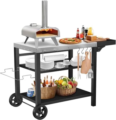 Grill Tafel - Buitenkeuken Trolley - Pizza Oven - Drie Plank Opslag - Verrijdbaar Ontwerp