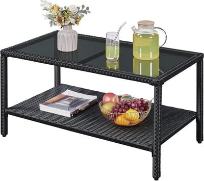 Polyrotan tuintafel - Bijzettafel buiten - Terras Ontspannen - Gehard glasplaat - 925 x 505 x 475 cm - Zwart