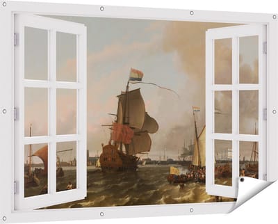 Gards Tuinposter Doorkijk Het Oorlogsschip Brielle op de Maas voor Rotterdam - Ludolf Bakhuysen - 150x100 cm - Tuindoek - Tuindecoratie - Wanddecoratie buiten - Tuinschilderij