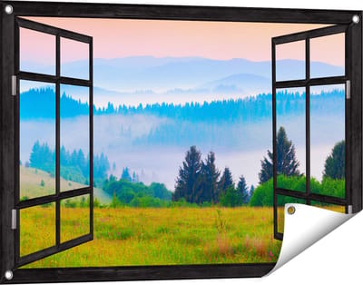 Gards Tuinposter Doorkijk Mistige Heuvel Landschap met Bossen - 90x60 cm - Tuindoek - Tuindecoratie - Wanddecoratie buiten - Tuinschilderij