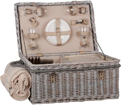 UNUS® Picknickmand voor 4 personen met picknickdeken, touwgrepen en servies 58x40x30 cm naturel donkergroen