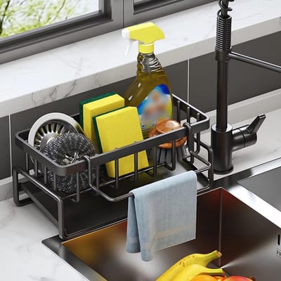 Aanrechtrekje – Keukenorganizer & Opbergrek – Spoelbakhouder – Keukenaccessoires – Sponshouder – Droog- & Opbergrek – Houder voor keukenspons & keukengerei – Afdruiprekje voor vaatdoeken – Boorvrij, multifunctioneel aanrechtrekje – 23 x 11 x 9 cm