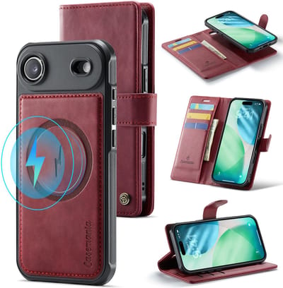 Casemania Hoesje Geschikt voor Apple iPhone 17 Air - Burgundy Red - Geschikt voor MagSafe - Luxe Kunstleer 2 in 1 Afneembare Bookcase - Magnetische Telefoonhoesje met Pasjeshouder en Standaardfunctie