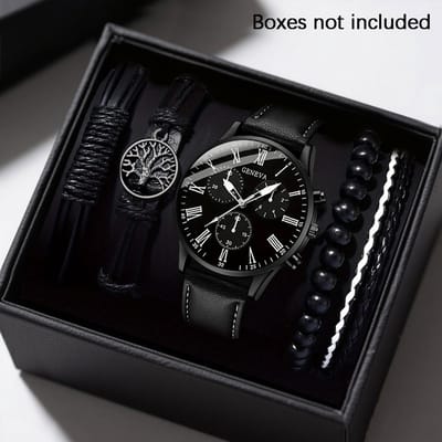 Sjika - Heren Horloge & Armbanden Set – Zwart – Leren Band – Mode Accessoire Set – Trendy & Klassiek – Cadeau voor Mannen