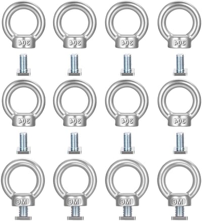 Set van 12 Ringmoeren met Vierkante Schroeven, M6 Ringen voor Heftoepassingen, Roestvrijstalen Oogschroeven en Bevestigingsmaterialen voor Veilig Tillen