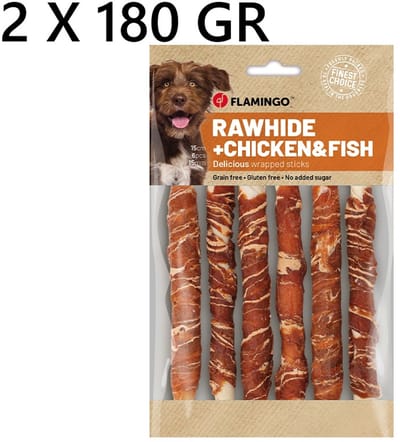 flamingo hondensnack - rawhide met kip en vis - 180 gr - 6 st -15cm x 15mm- ***2 X** = 360 gr -12 st -- glutenvrij - graan vrij - geen toegevoegde suiker