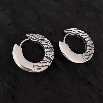 Boucle d'oreille créole ronde à motif zèbre tigre vintage plaqué couleur argent thaïlandais bijou pour femme bijou de fête argenté