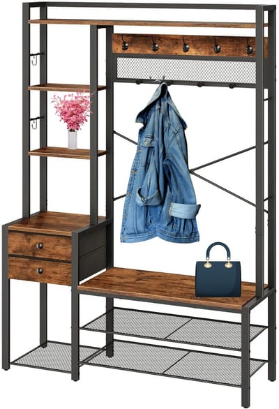 Signature Home Kapstok met schoenenbank - Garderoberek 16 haken - kledingrek - entreemeubel met laden van vliesstof - garderobe met zitbank - voor woonkamer - hal - bruin - zwart - 40 x 106 x 180