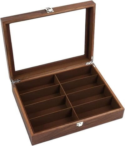 Brillen Standaard - Opberger Houder - Collectie Presenteren - Hout en Glas - 34x26x8cm - Bruin