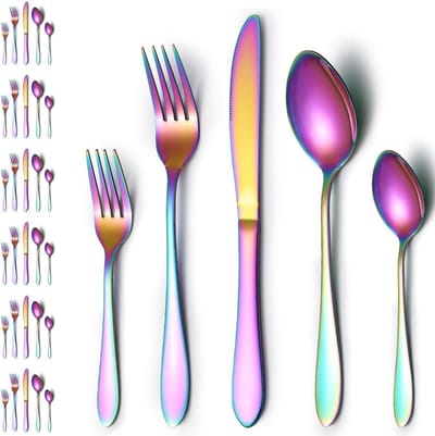 Complete bestekset voor 6 personen, 30-delig, titanium, regenboogkleurig, vaatwasserbestendig, inclusief messen, vorken en lepels