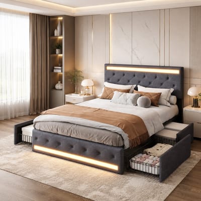 Tweepersoonsbed 140x200 cm - LED en USB - Opbergbed met 4 lades - Verstelbaar gestoffeerd hoofdeinde - Gestoffeerd bed met opbergruimte - Lattenbodem - Linnen - Donkergrijs