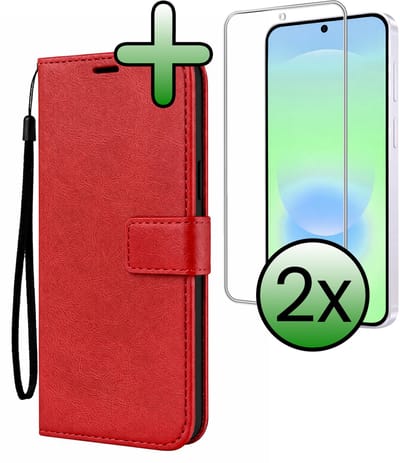 Hoesje Met 2x Screenprotector - Geschikt voor Samsung Galaxy A37 - Luxe Pasjeshouder - Bookcase Portemonee - Flip Case - Kunstleer Book Case - Flipcase Hoes - Book Cover - Walletcase - Portemonneehoes - Rood