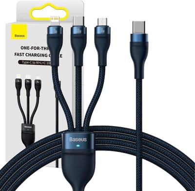 USB-C Oplaadkabel - Lightning / microUSB / USB-C Baseus Flash Series II 3in1, 100W, 1,5m, Blauw CASS030203
