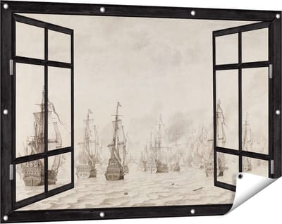 Gards Tuinposter Doorkijk De Zeeslag tegen de Spanjaarden bij Duinkerken - Willem van de Velde - 120x80 cm - Tuindoek - Tuindecoratie - Wanddecoratie buiten - Tuinschilderij